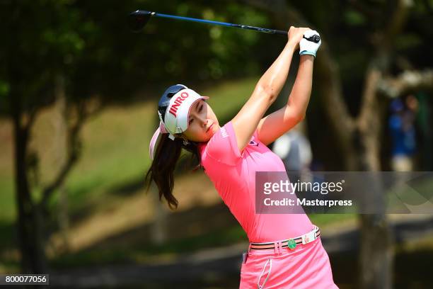 Ha-Neul Kim of South Korea hits her tee shot on the 5th hole during the second round of the Earth Mondamin Cup at the Camellia Hills Country Club on...