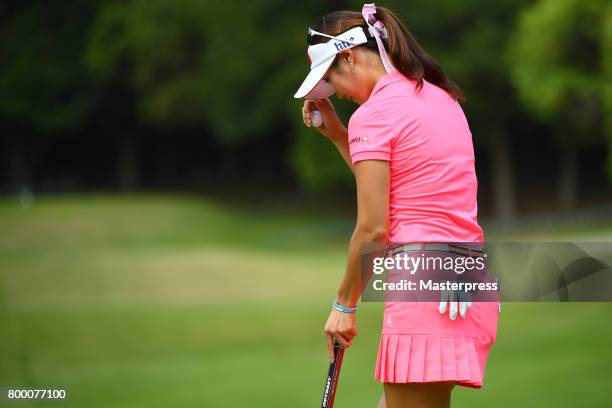 Ha-Neul Kim of South Korea reacts during the second round of the Earth Mondamin Cup at the Camellia Hills Country Club on June 23, 2017 in Sodegaura,...