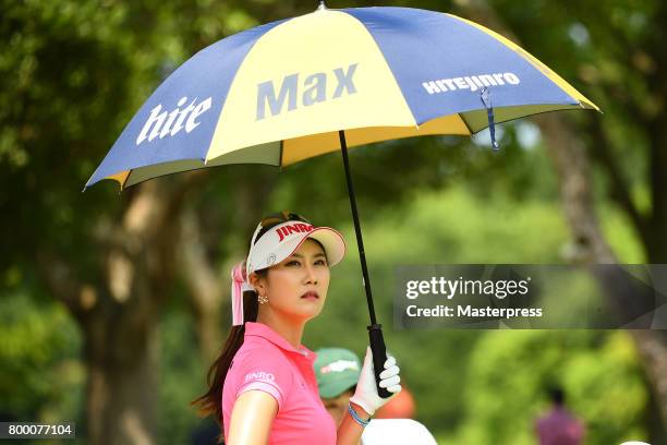 Ha-Neul Kim of South Korea looks on during the second round of the Earth Mondamin Cup at the Camellia Hills Country Club on June 23, 2017 in...