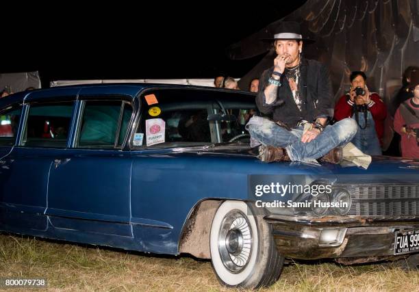 Johnny Depp arrives for a showing of his film The Libertine as he attends on day 1 of the Glastonbury Festival 2017 at Worthy Farm, Pilton on June...