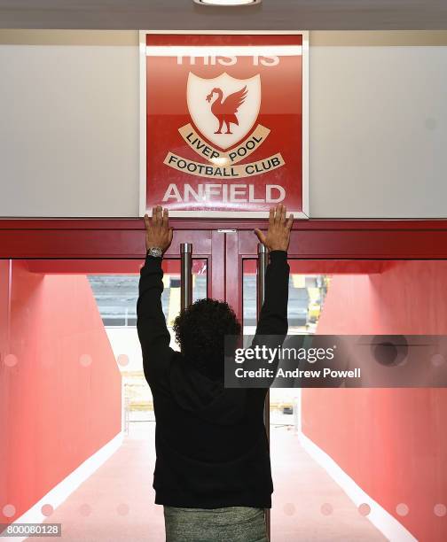 Mohamed Salah new signing for Liverpool visits Anfield on June 23, 2017 in Liverpool, England.