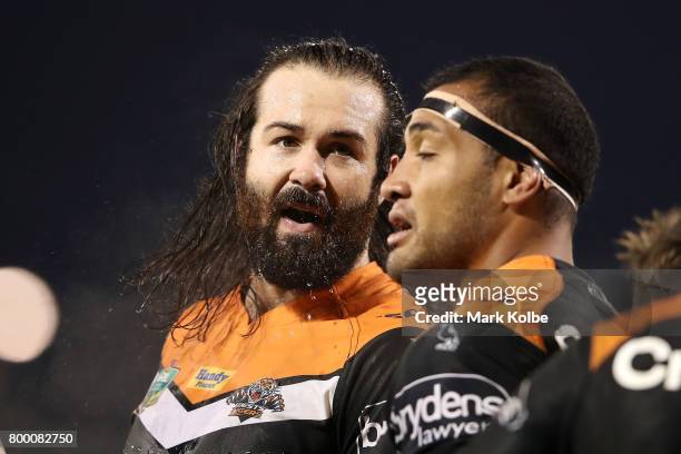 Aaron Woods of the Tigers shows his frustration after a Titans try during the round 16 NRL match between the Wests Tigers and the Gold Coast Titans...