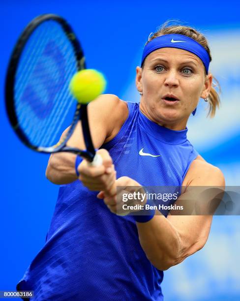 Lucie Safarova of The Czech Republic hits a backhand during the quarter final match against Daria Gavrilova of Australia on day five of The Aegon...