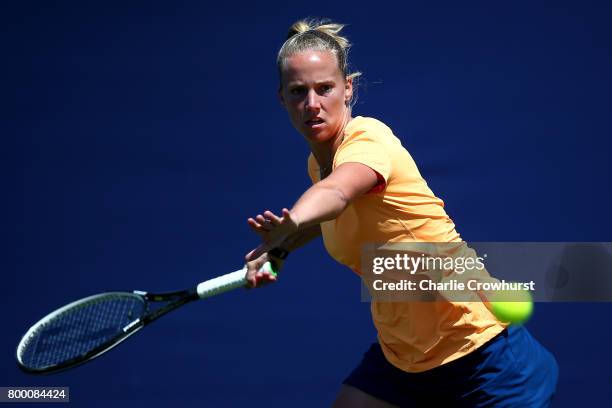 Richel Hogenkamp of Holland in action during her women's qualifying match against Lara Arruabarrena of Spain during qualifying on day one of the...