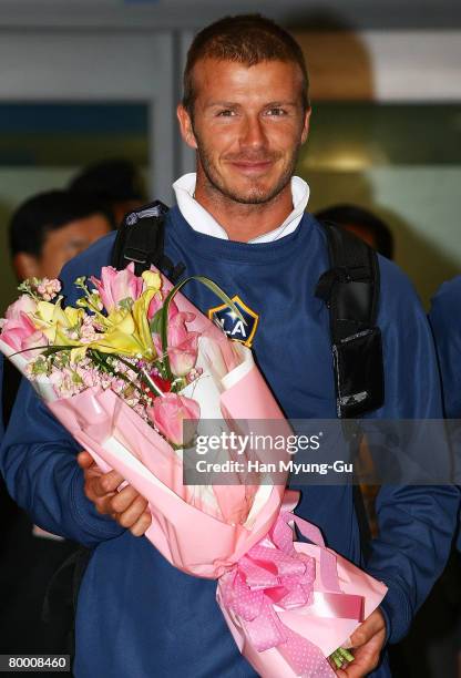 Soccer star David Beckham arrives with his team LA Galaxy at Incheon Airport on February 26, 2008 in Incheon, South Korea. Beckham and LA Galaxy...
