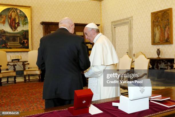 Pope Francis exchanges gifts with the Lieutenant of Grand Master of The Sovereign Military Order Of Malta Fra Giacomo Dalla Torre del Tempio di...