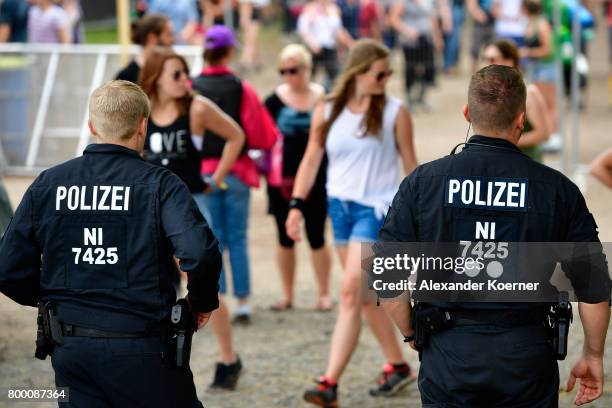 Police forces secure the entrance of the Hurricane Festival 2017 on June 23, 2017 in Scheessel, Germany. The gates of the festival have officially...