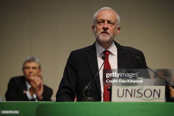 Labour Leader Jeremy Corbyn speaks to delegates at the Unison Conference on June 23, 2017 in Brighton, England. The Labour Party leader addressed the...