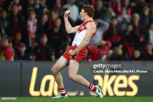 Gary Rohan of the Swans celebrates after kicking a goal to win the match during the round 14 AFL match between the Sydney Swans and the Essendon...