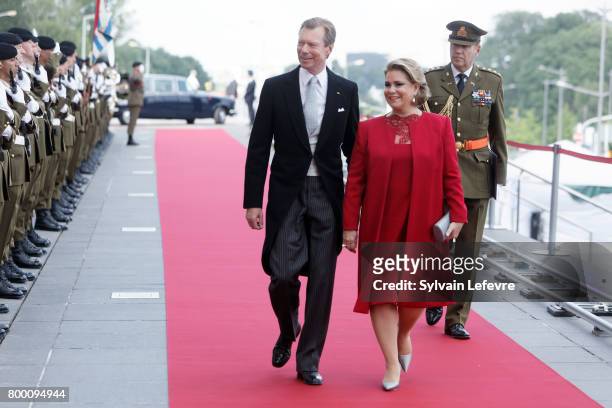 Grand Duchess Maria Teresa of Luxembourg and Grand Duke Henri of Luxembourg arrive at Luxembourg Philarmonie hall for official reception of National...