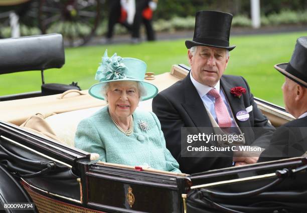 Queen Elizabeth II and Captain David Bowes-Lyon arrive in the Royal Procession on day 4 of Royal Ascot 2017 at Ascot Racecourse on June 23, 2017 in...