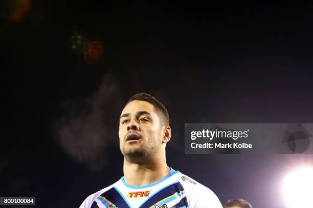 Jarryd Hayne of the Titans walks off the field after the warm-up before the round 16 NRL match between the Wests Tigers and the Gold Coast Titans at...