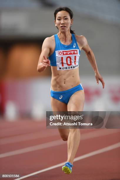 Chisato Fukushima of Japan competes in the Women 100m semi final during the 101st Japan National Championships at Yanmar Stadium Nagai on June 23,...