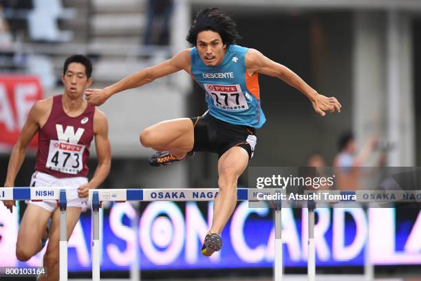 Takatoshi Abe of Japan competes in the Men 400mH heat 2 during the 101st Japan National Championships at Yanmar Stadium Nagai on June 23, 2017 in...