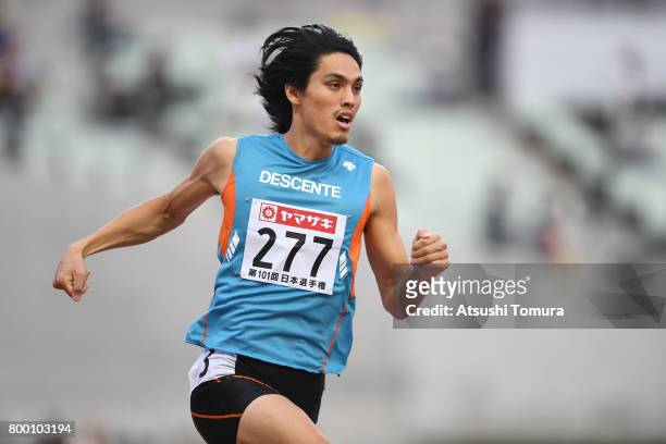 Takatoshi Abe of Japan competes in the Men 400mH heat 2 during the 101st Japan National Championships at Yanmar Stadium Nagai on June 23, 2017 in...