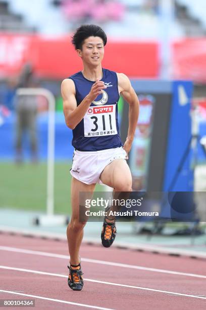 Shuhei Tada of Japan competes in the Men 100m heat 2 during the 101st Japan National Championships at Yanmar Stadium Nagai on June 23, 2017 in Osaka,...