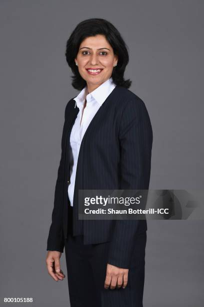 Commentator Anjum Chopra poses for a photograph at Derbyshire Couty Cricket Club on June 23, 2017 in Derby, England.