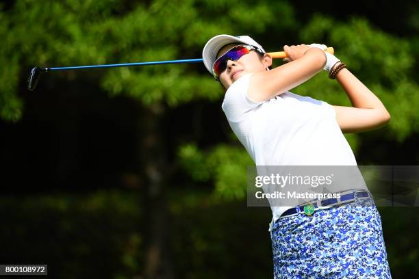 Rie Tsuji of Japan hits her tee shot on the 2nd hole during the second round of the Earth Mondamin Cup at the Camellia Hills Country Club on June 23,...