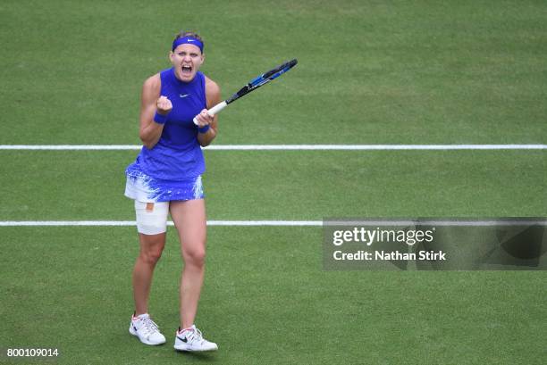 Lucie Safarova of Czech Republic celebrates after winner the quarter final match against Daria Gavrilova of Australia on day five of The Aegon...