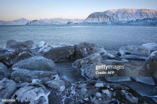 The edge of Kongsbreen glacial bay, the Kings Glacier, is pictured on February 26, 2008 as Kongsbreen, the most active calving glacier in Svalbard,...