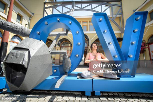 Jana Pallaske poses with Yoga next to the skulptures of the artist Il-Jin Atem Chio at Wertheim Village on June 20, 2017 in Wertheim, Germany. The...