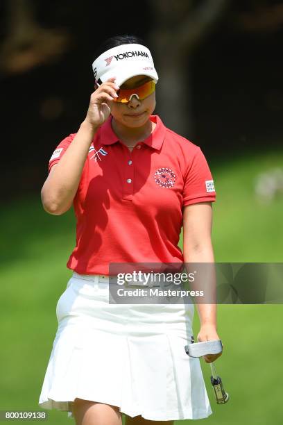 Rikako Morita of Japan reacts during the second round of the Earth Mondamin Cup at the Camellia Hills Country Club on June 23, 2017 in Sodegaura,...