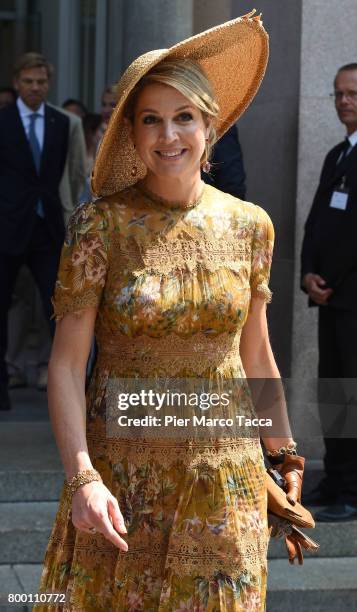 Queen Maxima of The Netherlands leaves Palazzo della Triennale on June 23, 2017 in Milan, Italy.