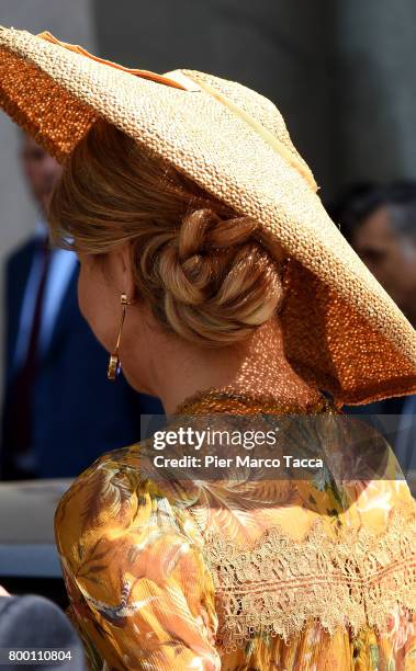 Queen Maxima of The Netherlands leaves Palazzo della Triennale on June 23, 2017 in Milan, Italy.