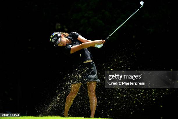 Asako Fujimoto of Japan hits her tee shot on the 4th hole during the second round of the Earth Mondamin Cup at the Camellia Hills Country Club on...