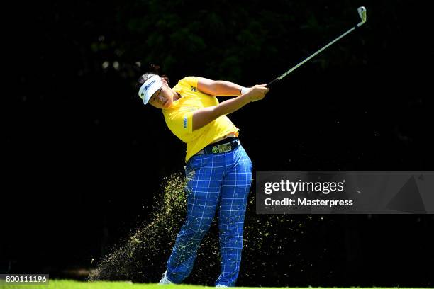 Fumika Kawagishi of Japan hits her tee shot on the 4th hole during the second round of the Earth Mondamin Cup at the Camellia Hills Country Club on...