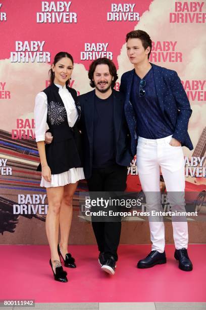Director Edgar Wright , actor Ansel Elgort and actress Eiza Gonzalez attend 'Baby Driver' photocall at Villa Magna hotel on June 23, 2017 in Madrid,...