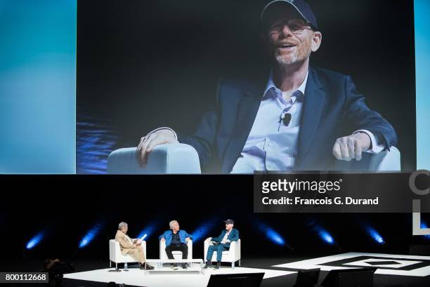Filmmaker Ron Howard , CEO of The Kraft Group, Robert Kraft and CEO of WPP Sir MArtin Sorrell give a conference during the Cannes Lions creativity...