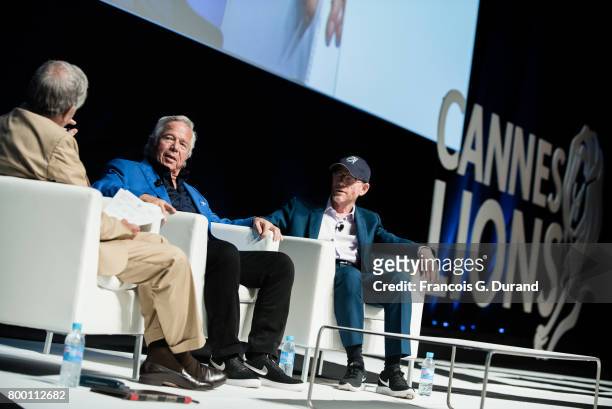 Filmmaker Ron Howard , CEO of The Kraft Group, Robert Kraft and CEO of WPP Sir MArtin Sorrell give a conference during the Cannes Lions creativity...