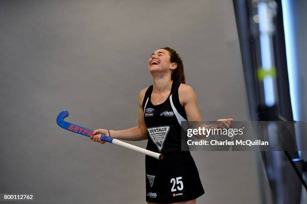 Kelsey Smith of New Zealand reacts to instructions during a player portrait photo session for FINTRO Hockey World League on June 23, 2017 in...