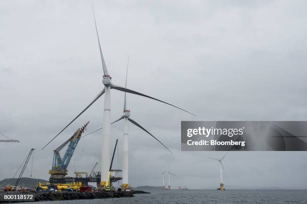 Saipem SpA 7000 crane vessel operates at the assembly site for offshore floating wind turbines in the Hywind pilot park, operated by Statoil ASA, in...