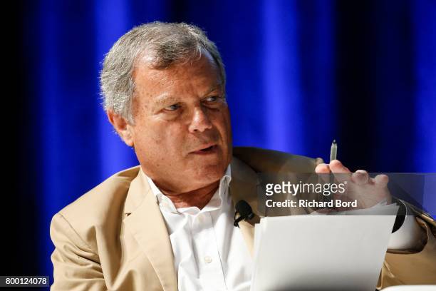 Founder and CEO of WPP Sir Martin Sorrell speaks during the Cannes Lions Festival 2017 on June 23, 2017 in Cannes, France.