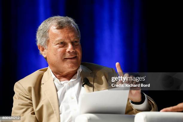 Founder and CEO of WPP Sir Martin Sorrell speaks during the Cannes Lions Festival 2017 on June 23, 2017 in Cannes, France.