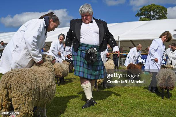 Alastair Wilson from Summerside Farm Newmains judges lambs at the Royal Highland show on June 23, 2017 in Edinburgh, Scotland. The Royal Highland...