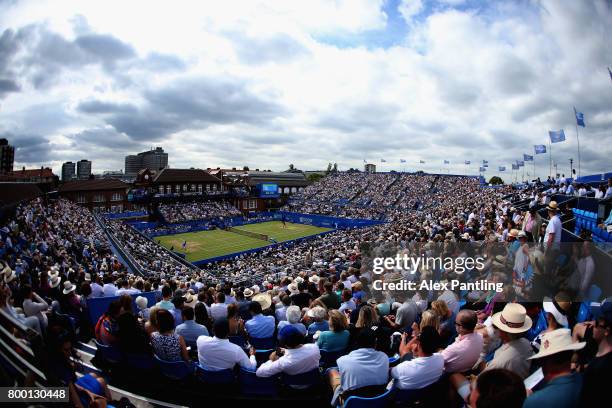 General view inside centre court during the mens singles quarter final match between Grigor Dimitrov of Bulgaria and Daniil Medvedev of Russia on day...