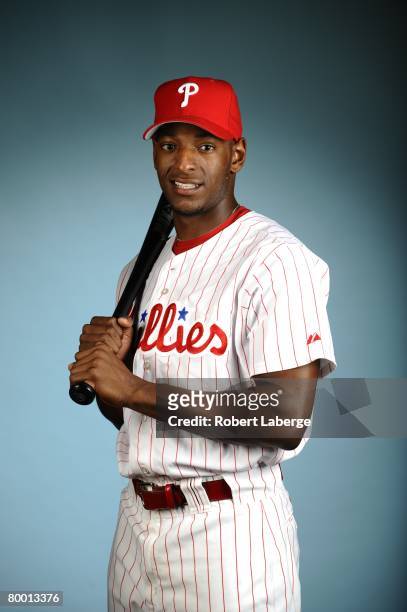 Greg Golson of the Philadelphia Phillies poses for a portrait during the spring training photo day on February 21, 2008 at Bright House Field in...
