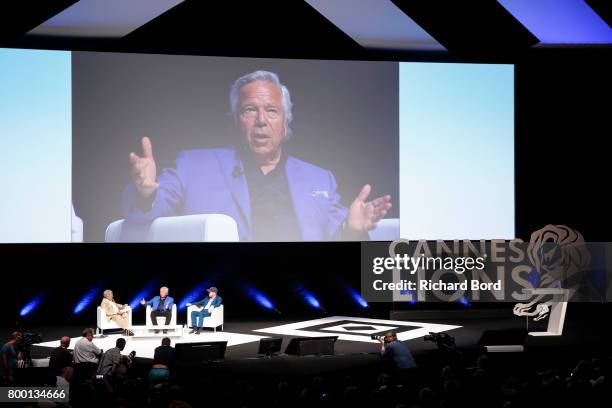 Sir Martin Sorrell, Robert Kraft and Ron Howard speak during the Cannes Lions Festival 2017 on June 23, 2017 in Cannes, France.