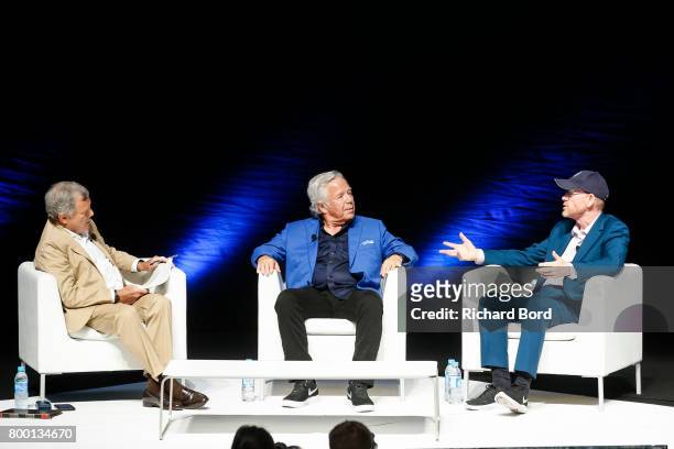 Sir Martin Sorrell, Robert Kraft and Ron Howard speak during the Cannes Lions Festival 2017 on June 23, 2017 in Cannes, France.