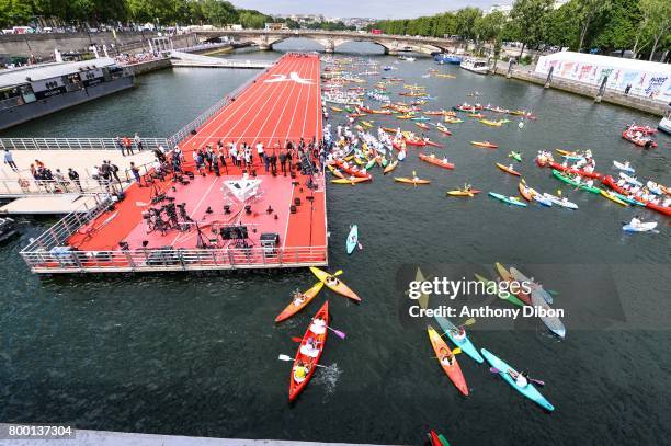 General view of the floating athletics track on the Seine during the Olympic Day, Paris Olympic Park comes to life for Olympic Day on June 23, 2017...