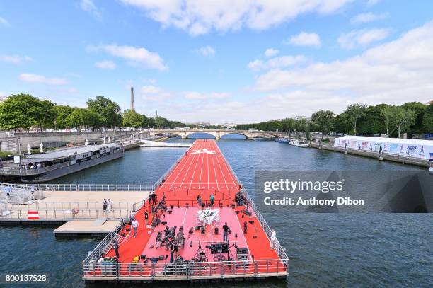 General view of the floating athletics track on the Seine during the Olympic Day, Paris Olympic Park comes to life for Olympic Day on June 23, 2017...