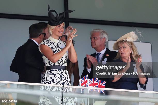 Holly Willoughby , Phillip Schofield and his wife Stephanie Lowe during day four of Royal Ascot at Ascot Racecourse.