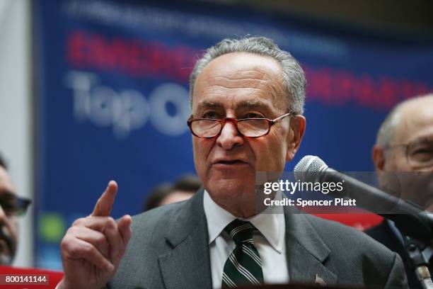 Senate Minority Leader Chuck Schumer speaks to doctors, nurses, patients and activists at Bellevue Hospital a day after the Republicans released...