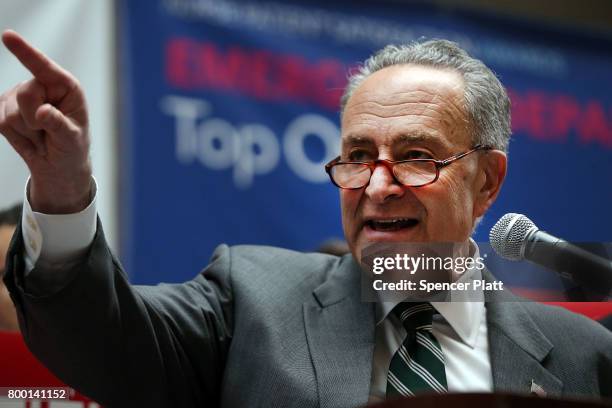 Senate Minority Leader Chuck Schumer speaks to doctors, nurses, patients and activists at Bellevue Hospital a day after the Republicans released...