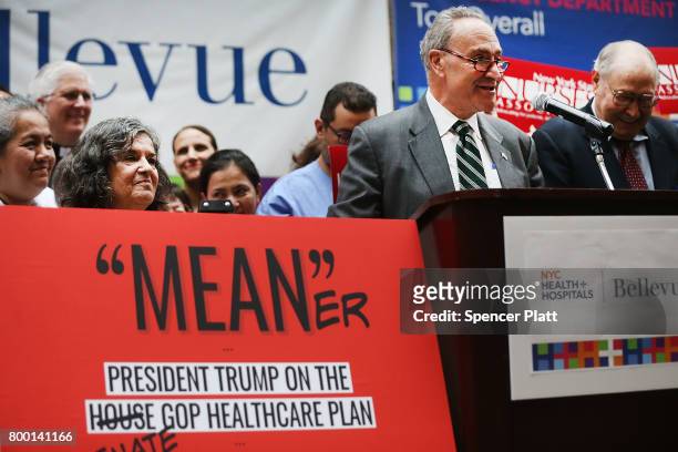 Senate Minority Leader Chuck Schumer speaks to doctors, nurses, patients and activists at Bellevue Hospital a day after the Republicans released...