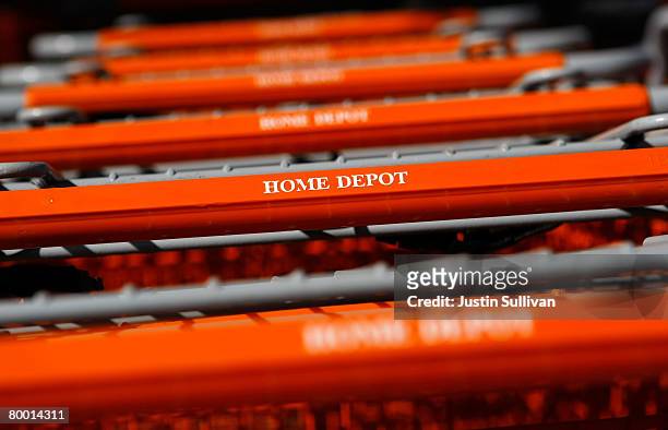 Row of Home Depot shopping carts are lined up outside of a Home Depot store February 26, 2008 in Daly City, California. The Home Depot Inc. Reported...