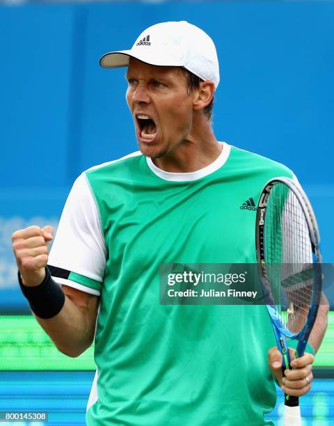 Tomas Berdych of The Czech Republic celebrates during the mens singles quarter final match against Feliciano Lopez of Spain on day five of the 2017...